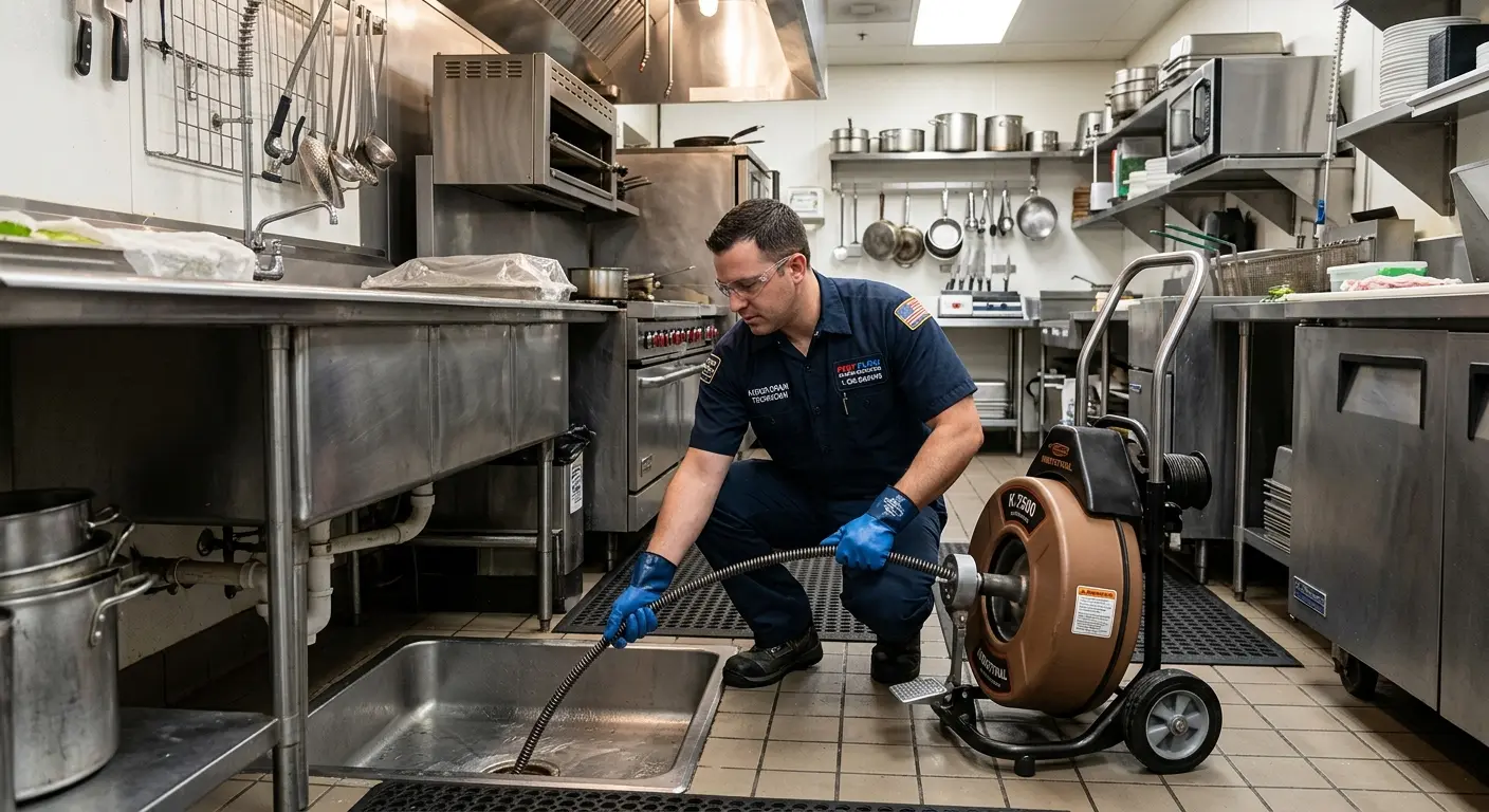 Commercial drain cleaning service in a restaurant kitchen in Hornsby Bend