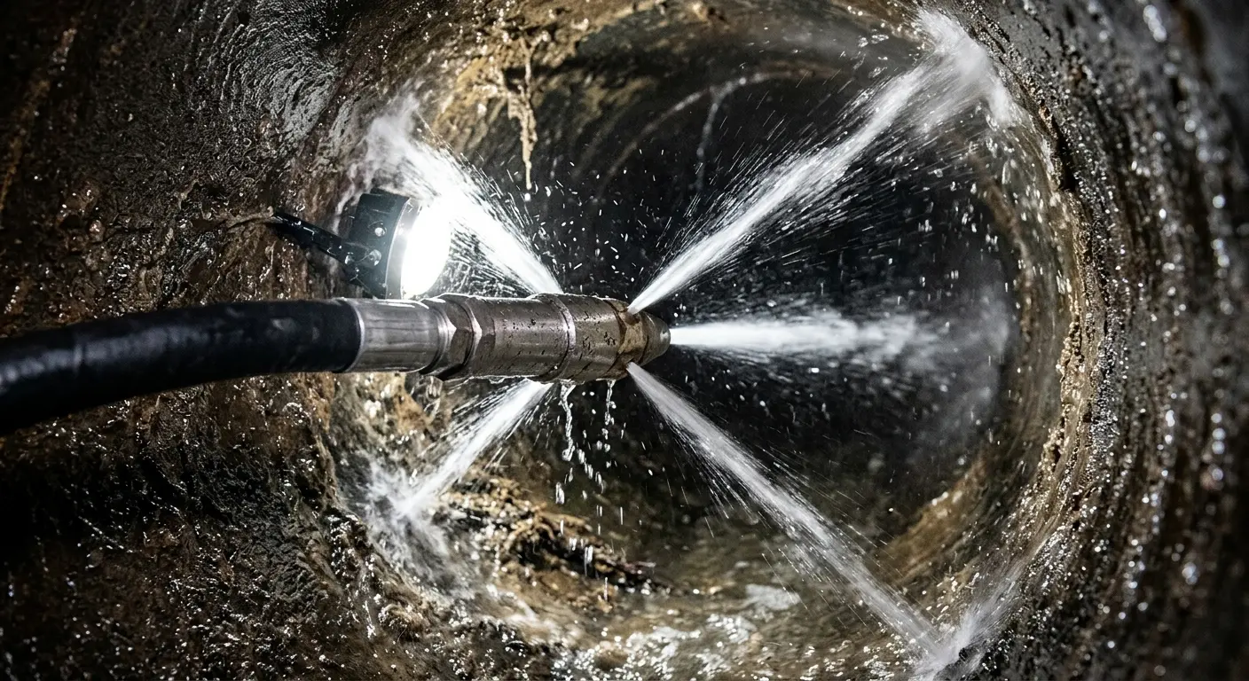 High-pressure hydro jetting nozzle cleaning sewer pipe for Trenchless Sewer Repair in Hornsby Bend