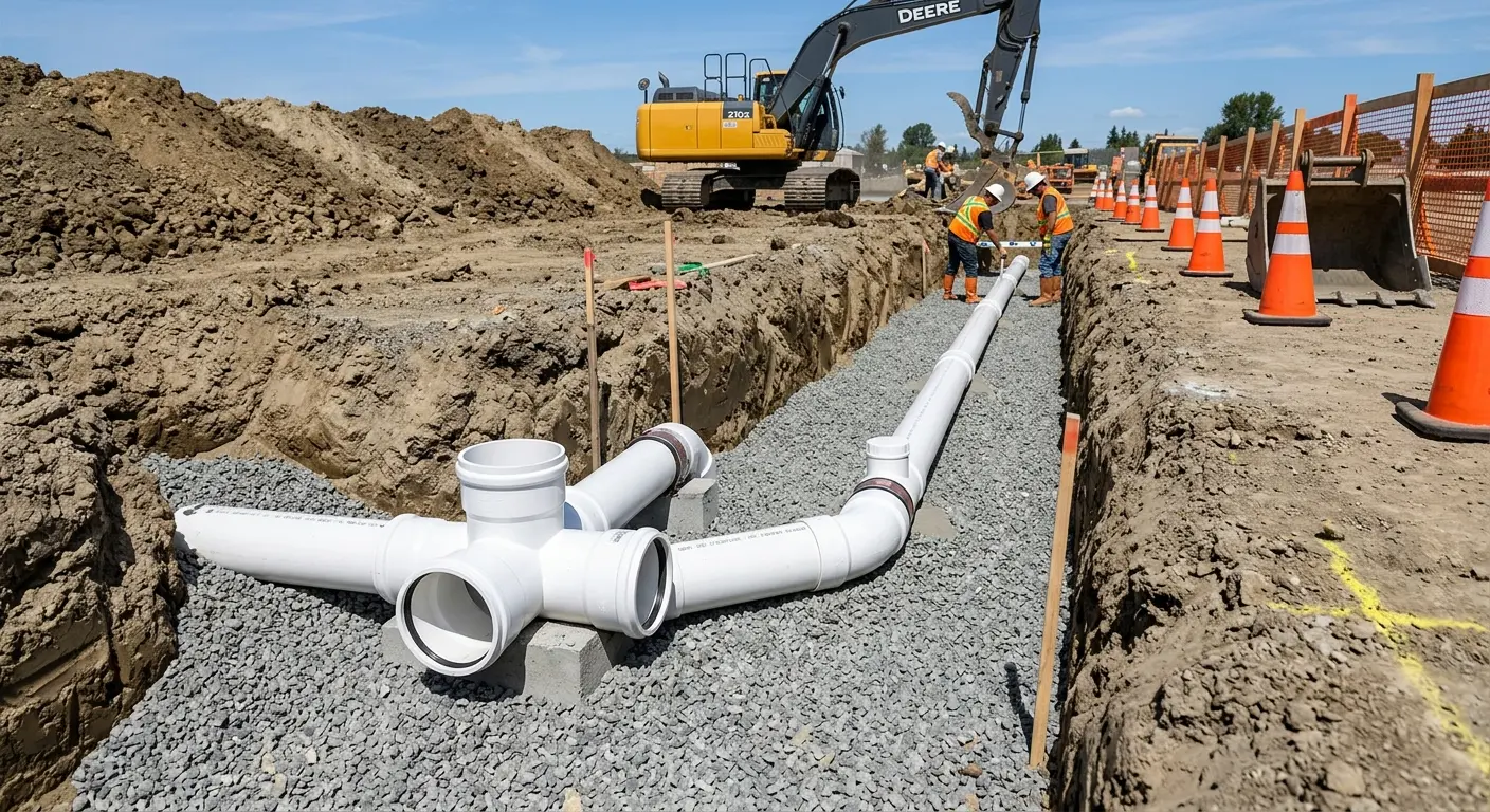 New PVC sewer pipe installation in open trench for Sewer Backup in Hornsby Bend