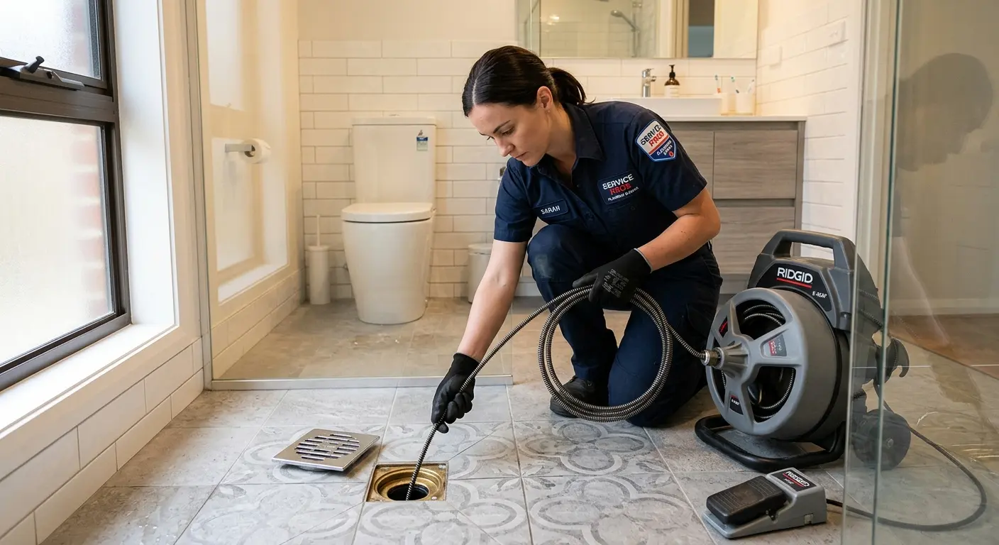 Technician clearing a bathroom floor drain for Drain Cleaning in Hornsby Bend